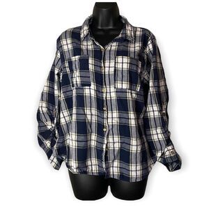 𝅺Dizzy Gal Plus Size Blue Plaid Button Down Long Sleeve Shirt